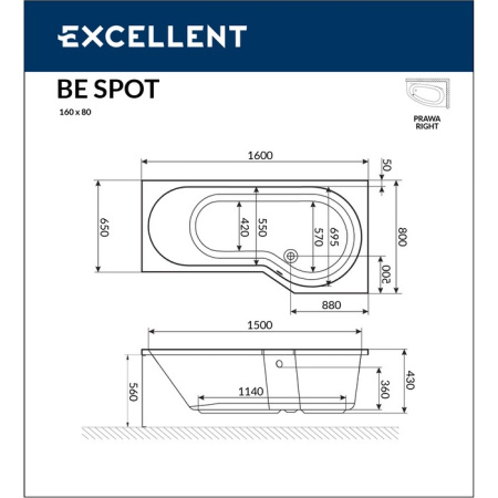 Ванна акриловая EXCELLENT Be Spot 160x80 (прав.)