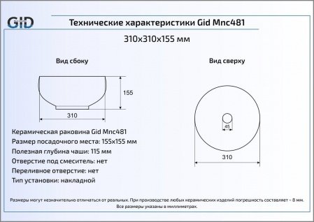 Раковина накладная 31см Gid Mnc481 серый
