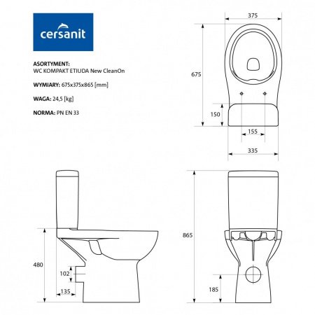 Унитаз напольный Cersanit ETIUDA P-KO-ETI010-3/6-COn белый, без сиденья